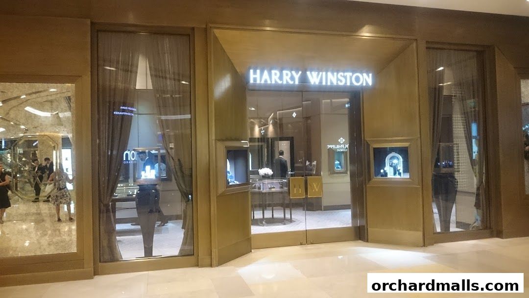 The elegant storefront of Harry Winston, showcasing luxurious jewelry and watches in illuminated display cases.