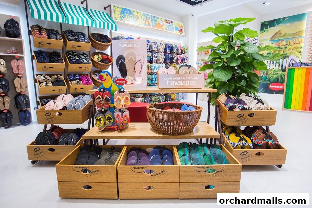 A vibrant display of Havaianas flip-flops in various colors and styles, neatly organized.