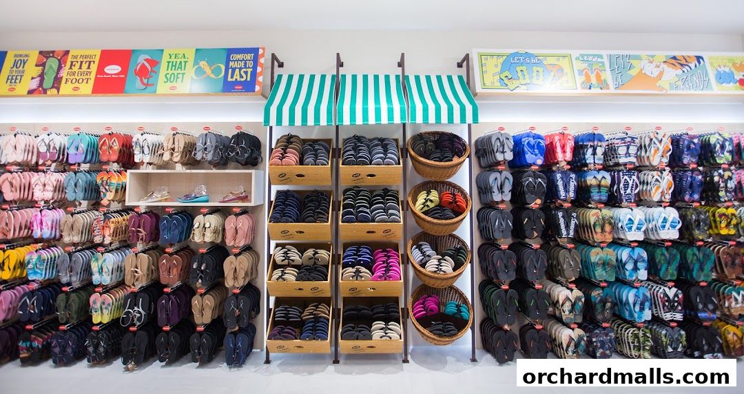 A wide selection of colorful Havaianas flip-flops displayed on shelves and in baskets.