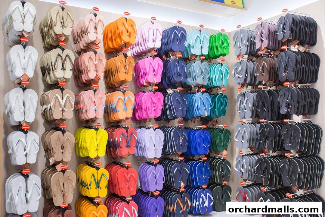 A wall display of colorful Havaianas flip-flops in various sizes and colors.
