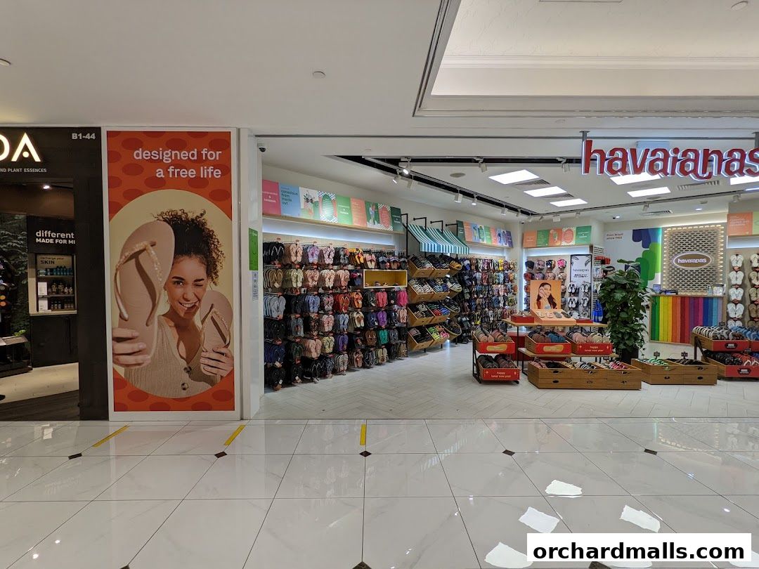 The entrance to a Havaianas store showcasing a wide variety of flip-flops and sandals.