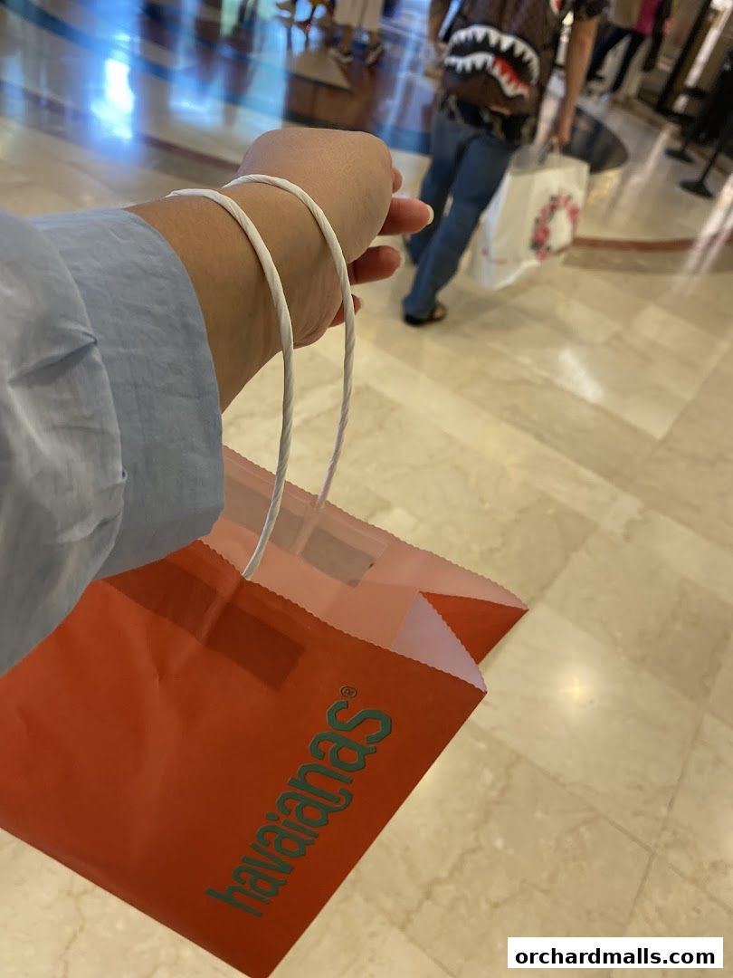 A person holds a Havaianas shopping bag in a mall hallway.