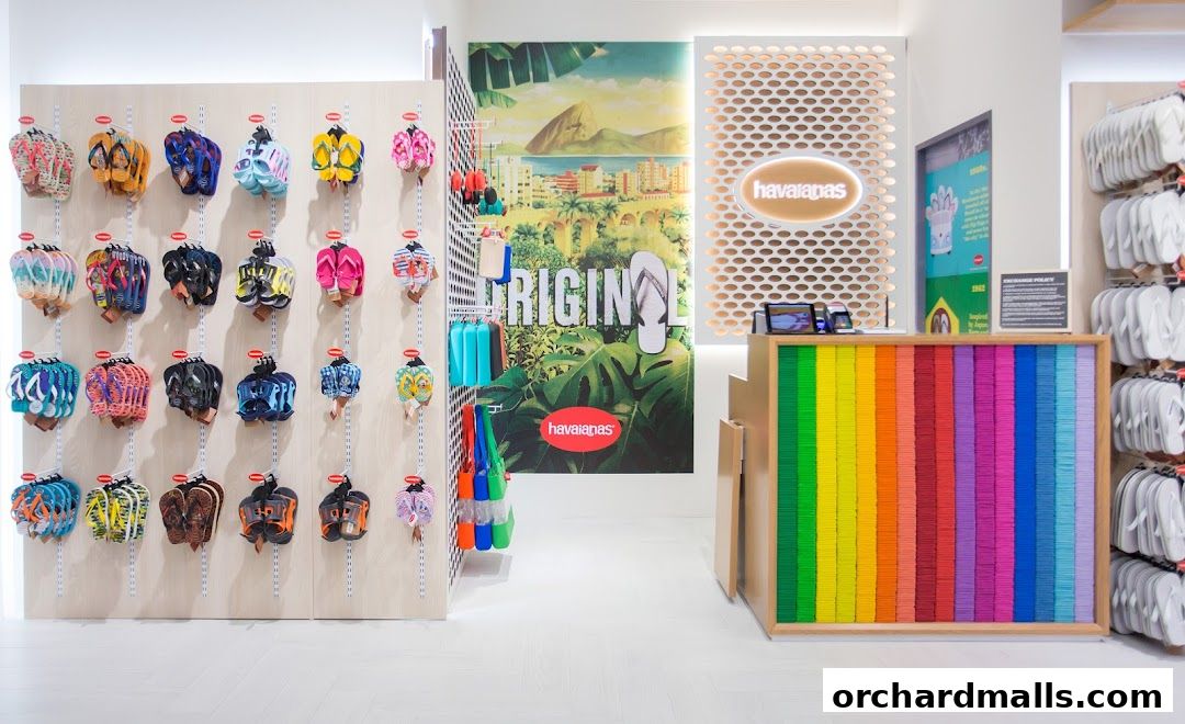 A Havaianas store interior showcasing a vibrant display of colorful flip-flops and sandals.