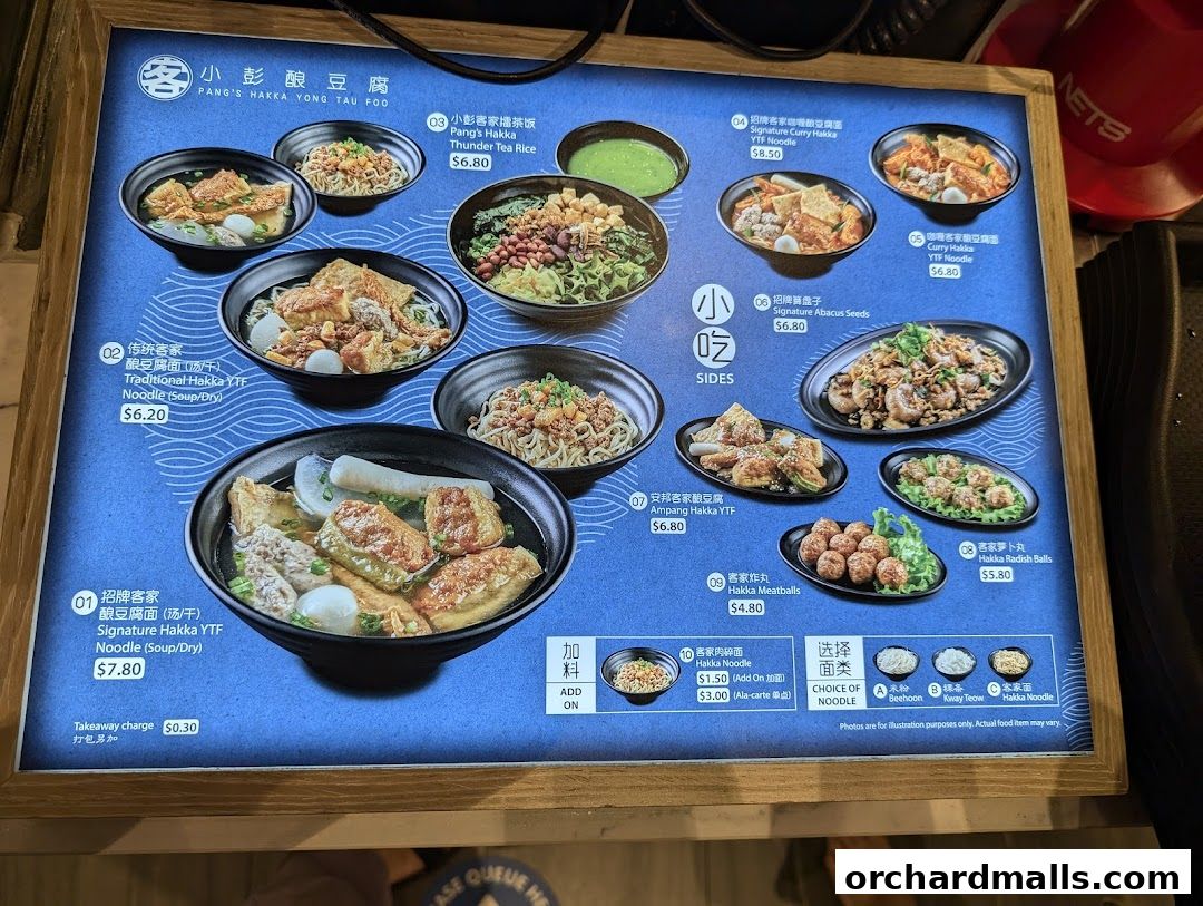 A menu board displaying various Hakka Yong Tau Foo dishes with prices and descriptions.