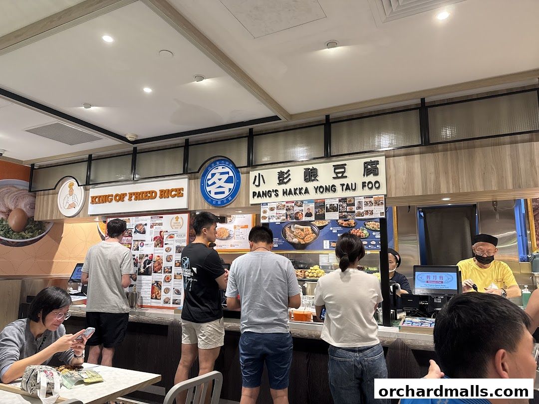 Customers queue at a food stall with signs for 'King of Fried Rice' and 'Pang's Hakka Yong Tau Foo'.