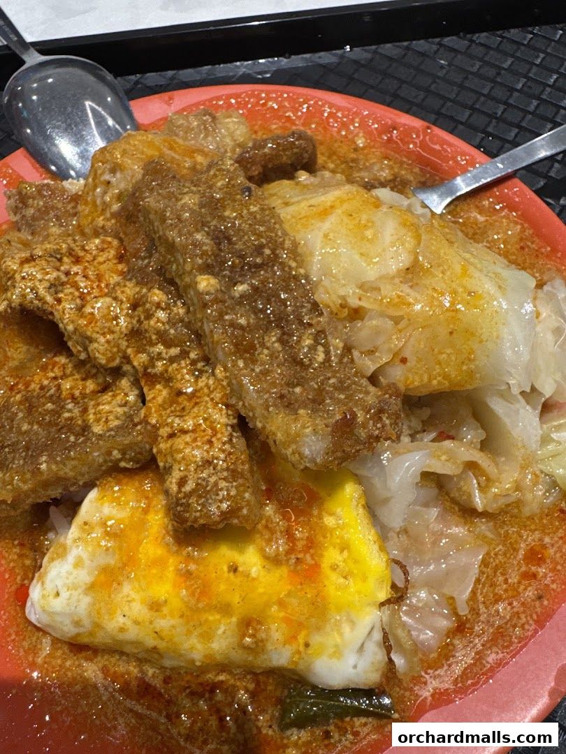 A close-up shot of a delicious meal with rice, fried items, and curry sauce.
