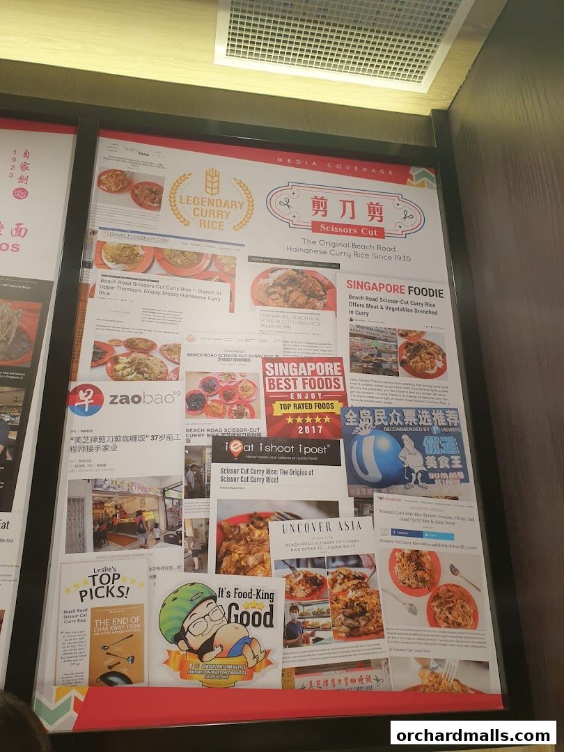 A collage of media coverage and reviews for Scissors Cut Hainanese Curry Rice.