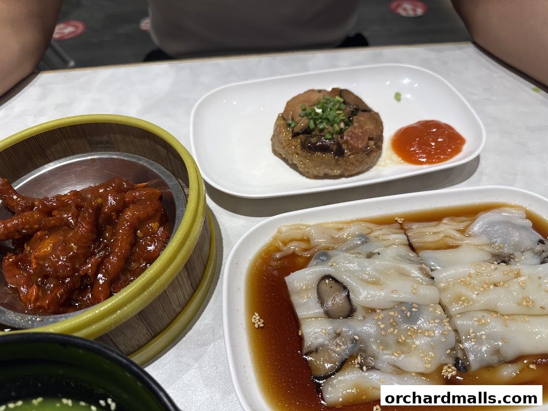 A close-up of three delicious dim sum dishes, including chicken feet, sticky rice, and cheung fun.