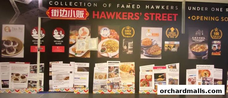 A display showcasing various hawker food stalls with images and accolades.