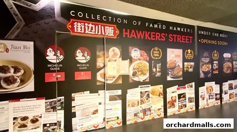 A wall display showcasing famous hawker stalls, Michelin Guide recognition, and upcoming opening.