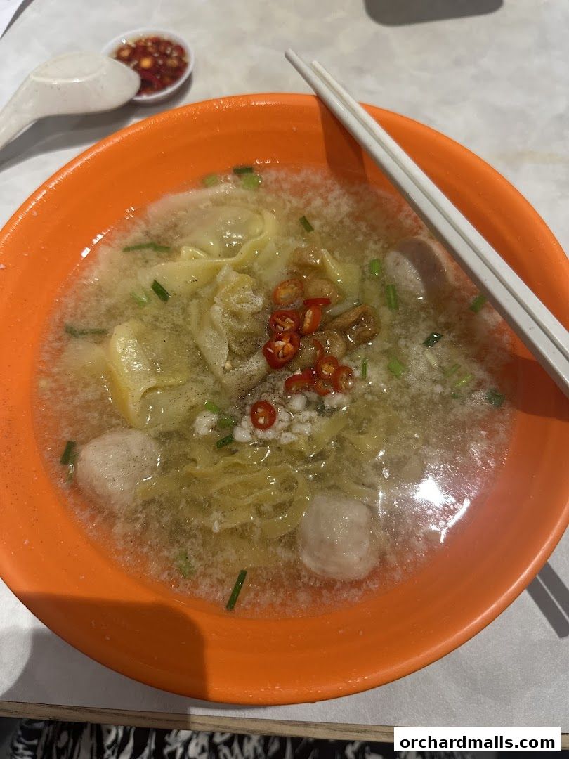 A close-up shot of a bowl of noodles with wontons, meatballs, and chili.