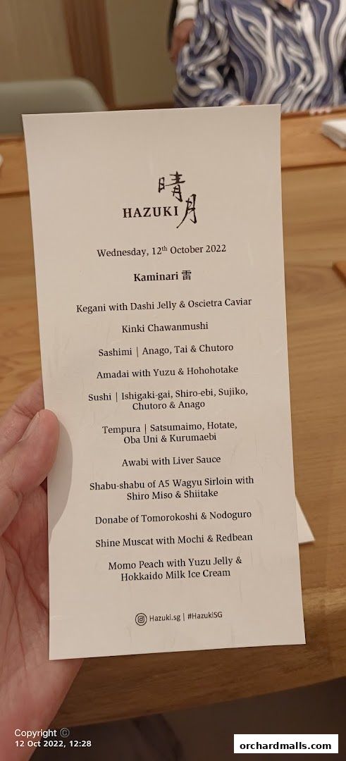 A menu from Hazuki restaurant featuring a tasting menu for October 12, 2022.