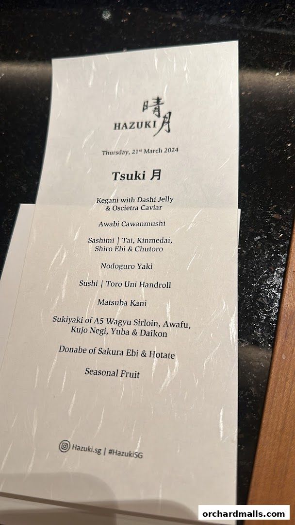 A menu from Hazuki restaurant featuring a tasting menu called Tsuki.