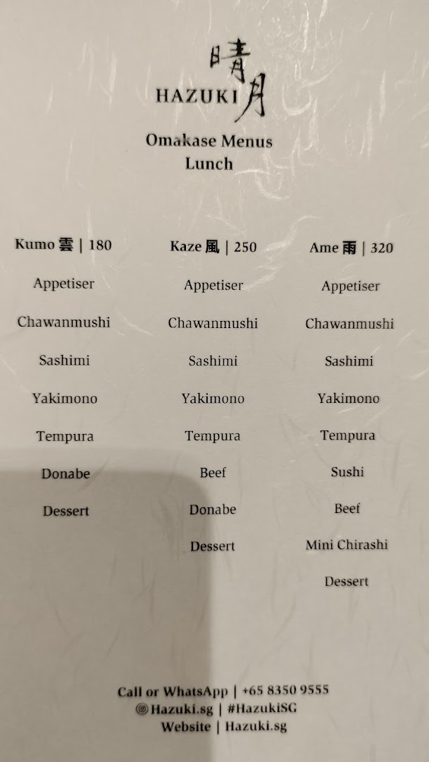 Menu page for Hazuki