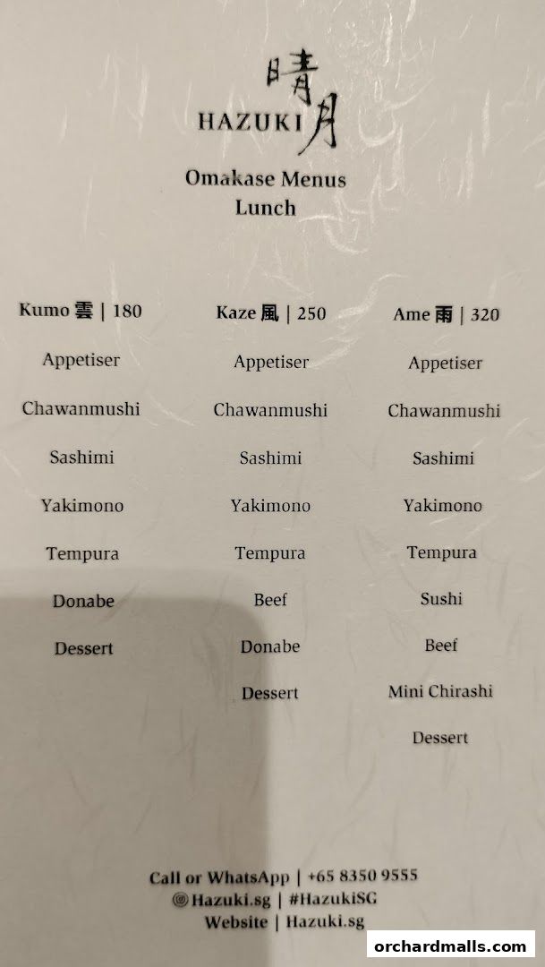 A menu for Hazuki's Omakase Lunch, featuring three different set menus with prices.