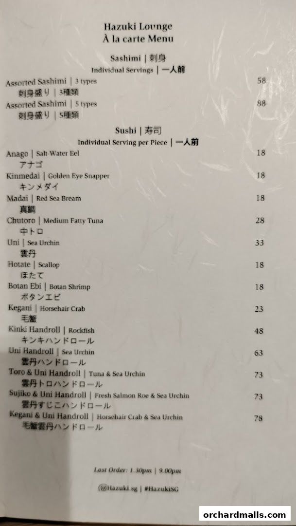 A menu from Hazuki Lounge featuring sashimi and sushi options with prices.