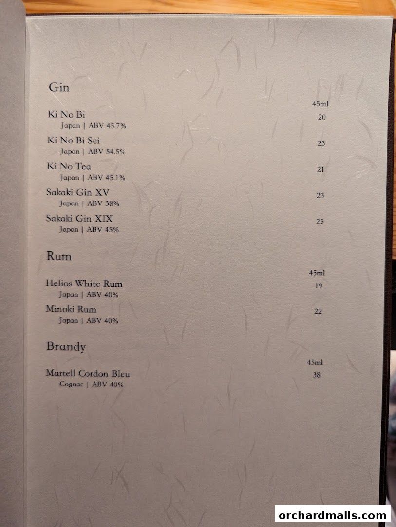 A menu page featuring a selection of gins, rums, and brandies with prices.