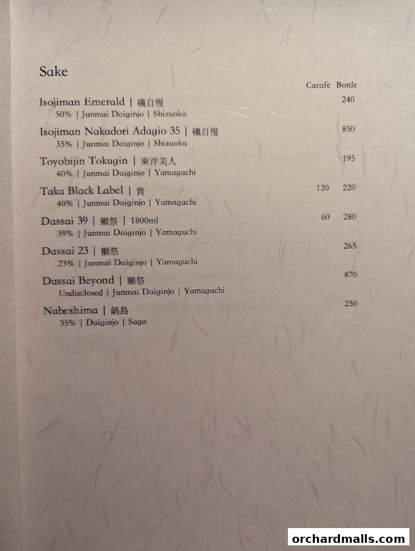 A menu featuring various types of Sake with their descriptions and prices.