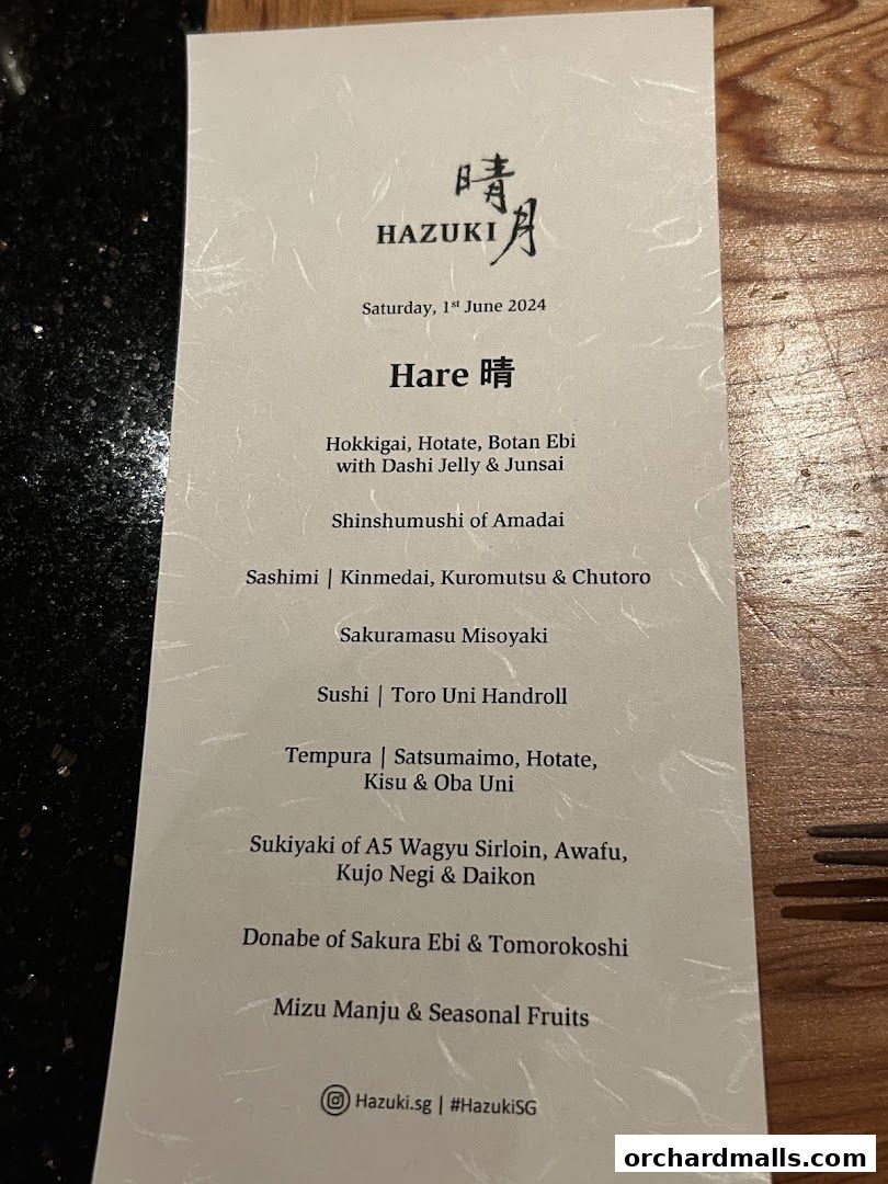 A menu from Hazuki restaurant featuring a tasting menu titled 'Hare'.