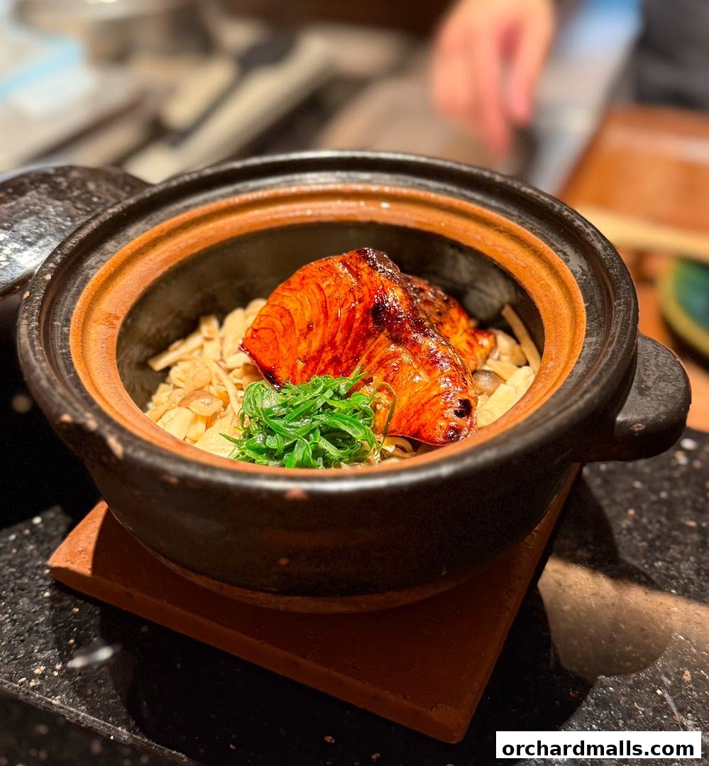 A close-up of a delicious dish with grilled fish and rice in a clay pot.
