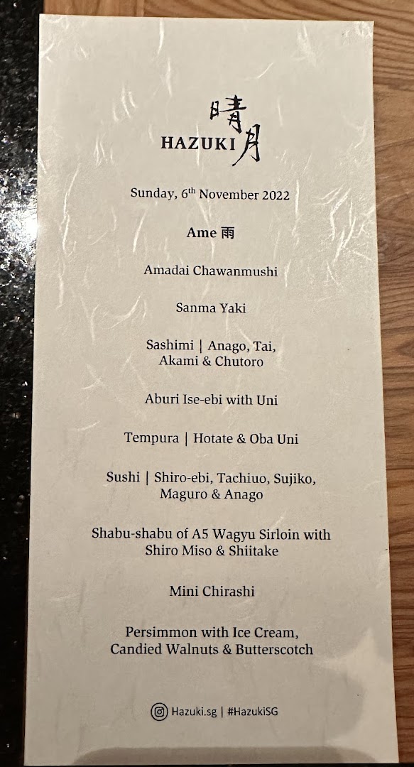 Menu page for Hazuki