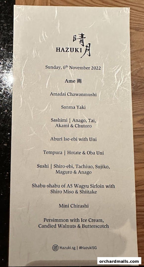 A menu from Hazuki restaurant featuring Japanese dishes and desserts.