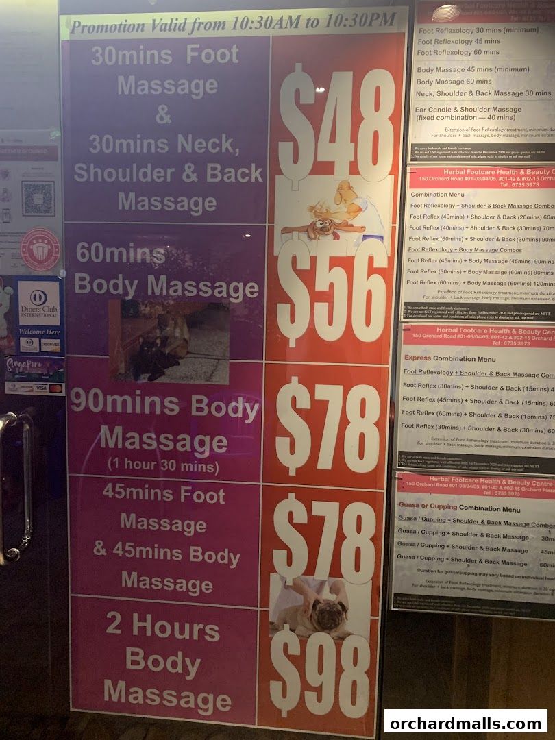 A price list for Herbal Footcare offering various massage services and combinations.