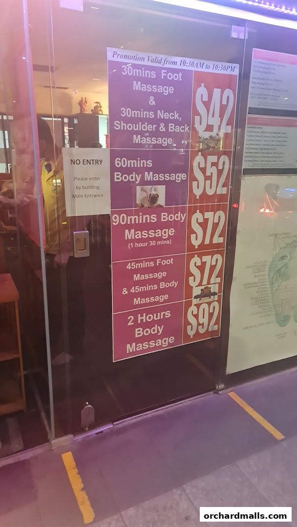 A price list for foot and body massages at Herbal Footcare, with various durations and prices.
