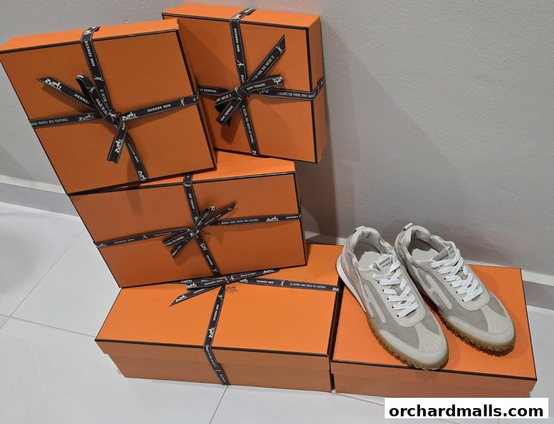 Hermès branded boxes and a pair of stylish sneakers are displayed.