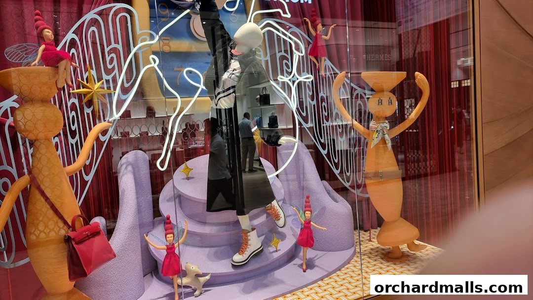 Hermès Singapore Takashimaya window display featuring whimsical figures and handbags.