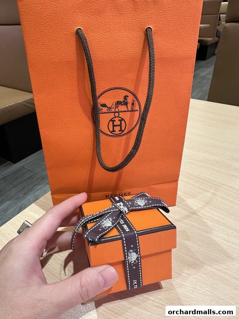 A hand holds a small orange Hermès gift box with a branded ribbon next to a shopping bag.