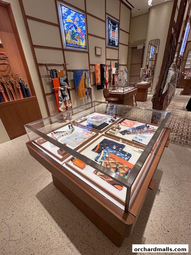 Interior view of an Hermès store showcasing scarves, accessories, and display cases.