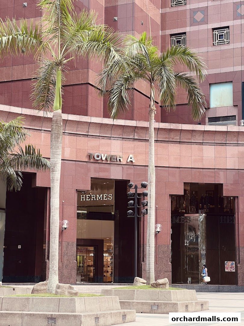 The Hermès Singapore Takashimaya store entrance with palm trees and modern architecture.