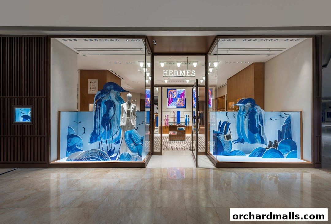 Hermès Singapore Takashimaya storefront with artistic blue wave and penguin-themed window displays.