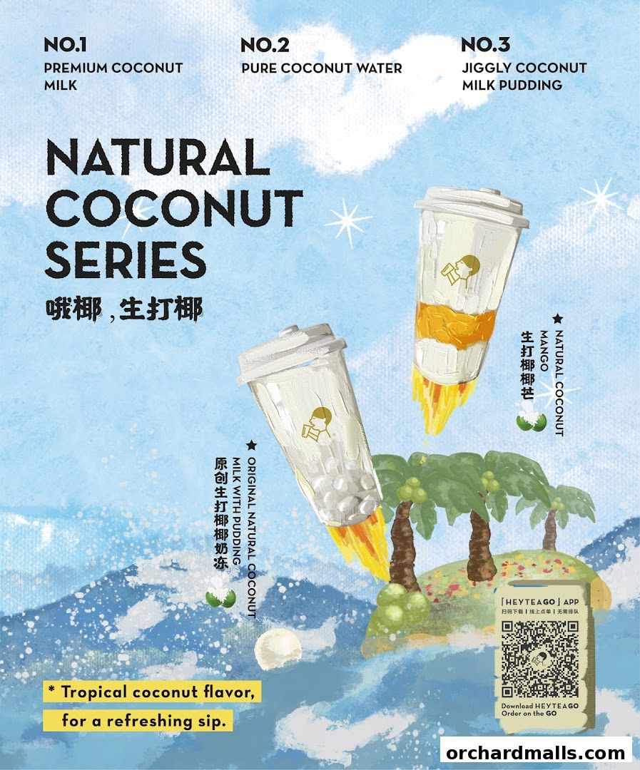 Promotional image for HEYTEA's Natural Coconut Series drinks with tropical imagery.