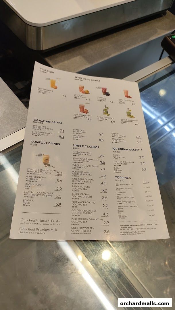 A menu from HEYTEA showing various refreshing drinks, signature drinks, comfort drinks, simple classics, and ice cream delights.