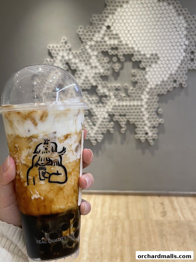 A hand holds a bubble tea with brown sugar and cream, against a grey wall with a decorative pattern.