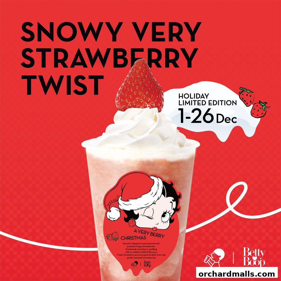 A festive holiday drink called Snowy Very Strawberry Twist with Betty Boop branding.