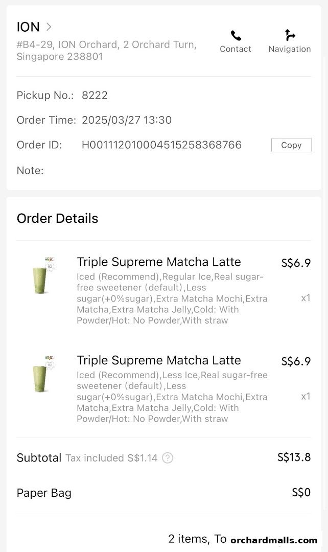 Order details for two Triple Supreme Matcha Lattes from HEYTEA ION.