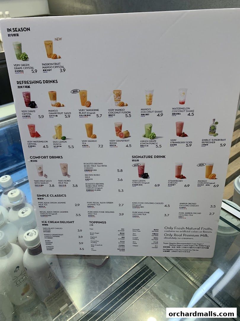 A menu from HEYTEA featuring various refreshing drinks, comfort drinks, and classic teas.
