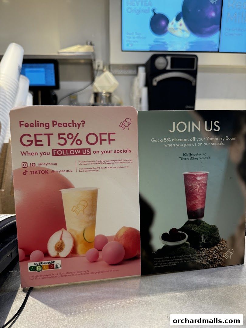 Two promotional flyers for HEYTEA offering discounts for social media followers.