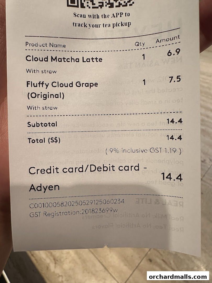 A receipt showing two tea orders from HEYTEA, including Cloud Matcha Latte and Fluffy Cloud Grape.