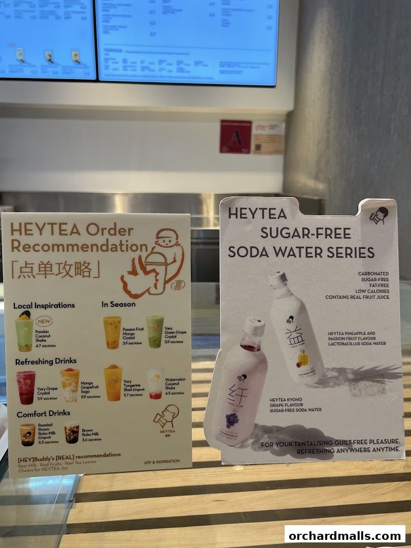 HEYTEA menu displays recommendations and sugar-free soda water series.