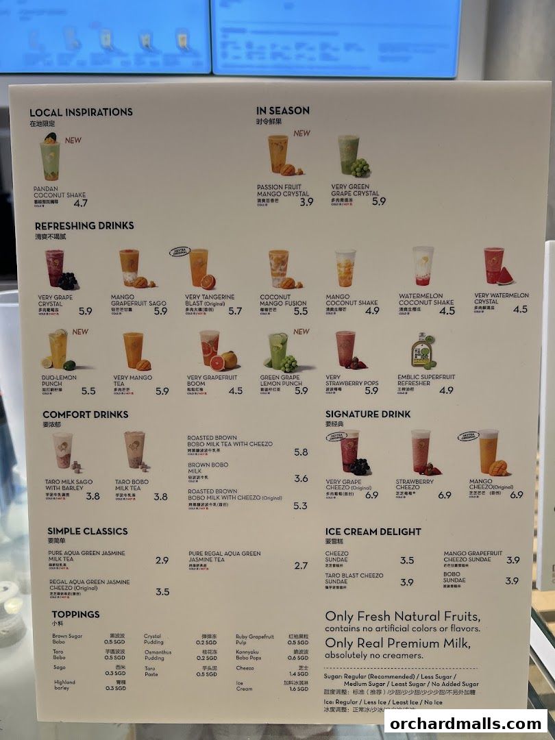 A menu from HEYTEA featuring a variety of refreshing drinks, comfort drinks, and signature beverages.