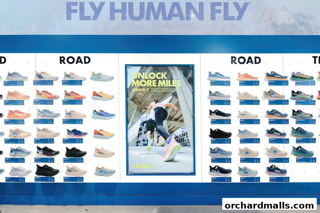 A display of Hoka running shoes with various models and colors showcased.
