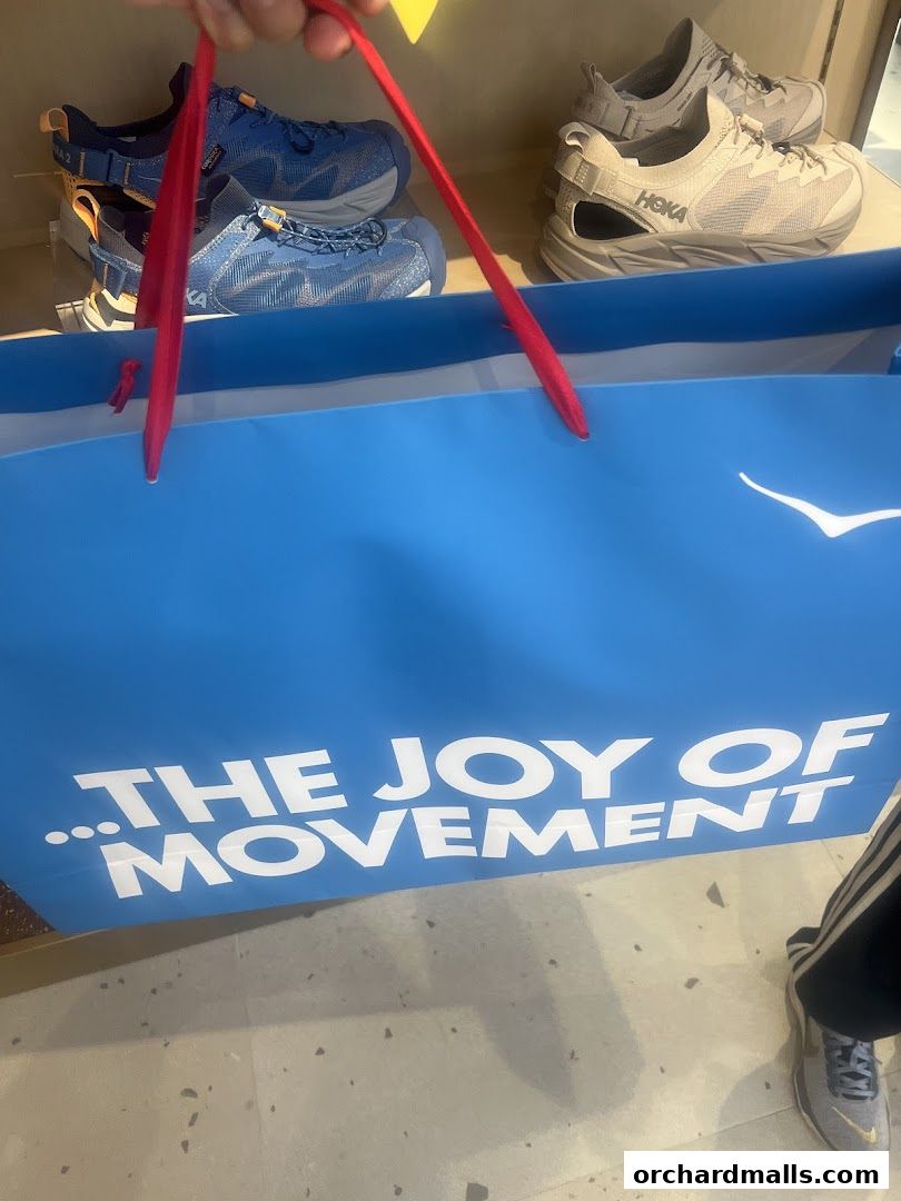 A blue shopping bag with HOKA branding and shoes displayed in the background.