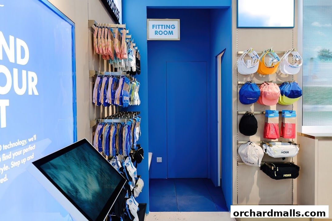 Interior of a HOKA store showcasing socks, hats, and bags, with a fitting room.