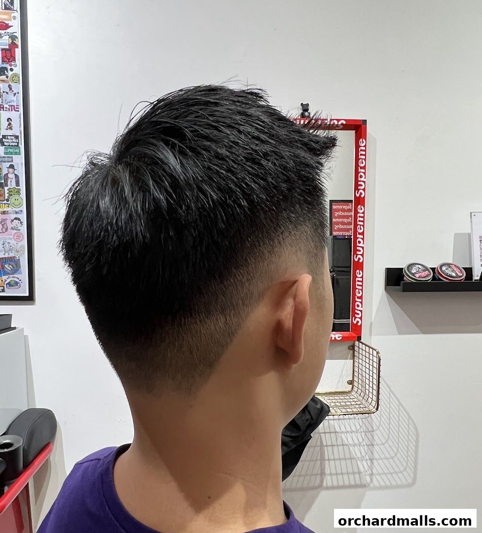 A person's head with a fresh fade haircut, showcasing the barbershop's style.