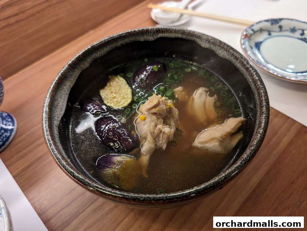 A steaming bowl of Japanese soup with chicken, eggplant, and scallions.