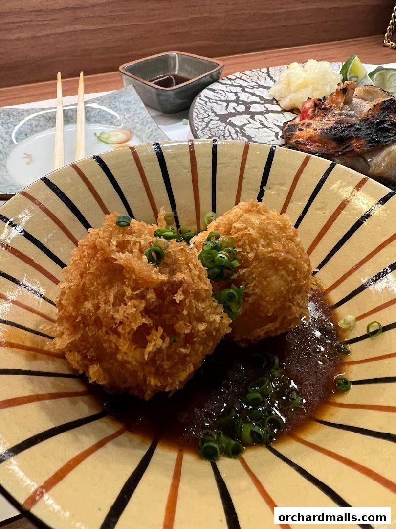 Crispy fried croquettes served with sauce and garnished with chopped green onions.